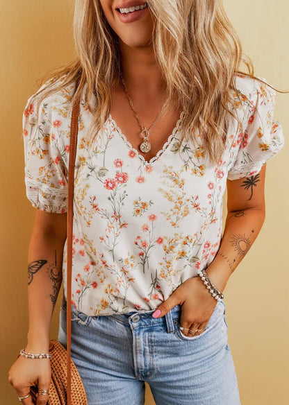 Floral Print V-Neck Lace Trim Blouse