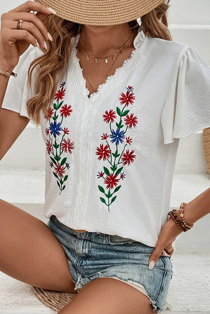 Embroidered V Neck Blouse